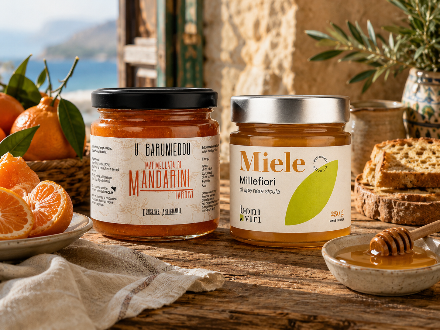 Immagine di un frutteto e di una confezione di Marmellata biologica Siciliana Dona Lucrezia