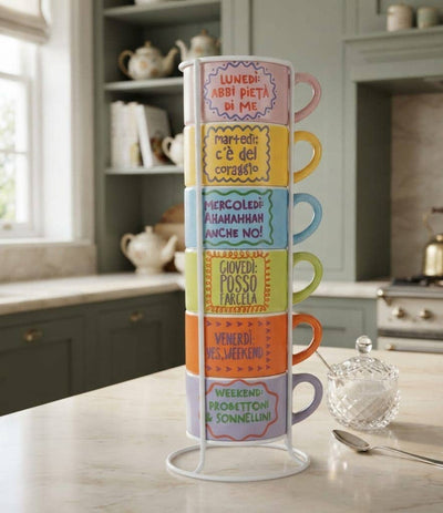 Set 6 tazzine caffè 90 ml in gres con stand, More Amor