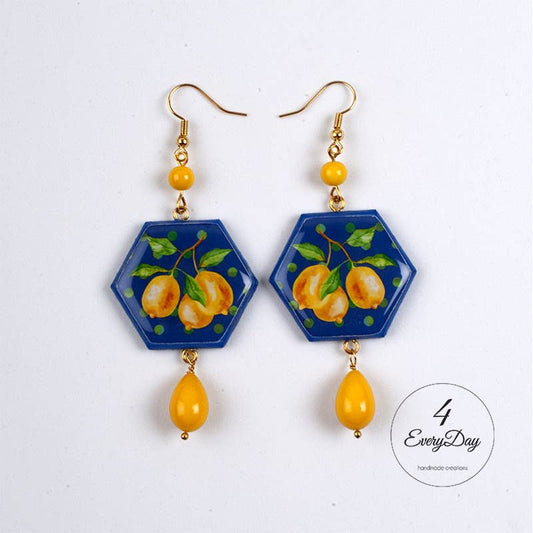 Orecchini Maiolica limoni pois sfondo blu esagoni - 4everyday Handmade - Maravigghia for Sicily