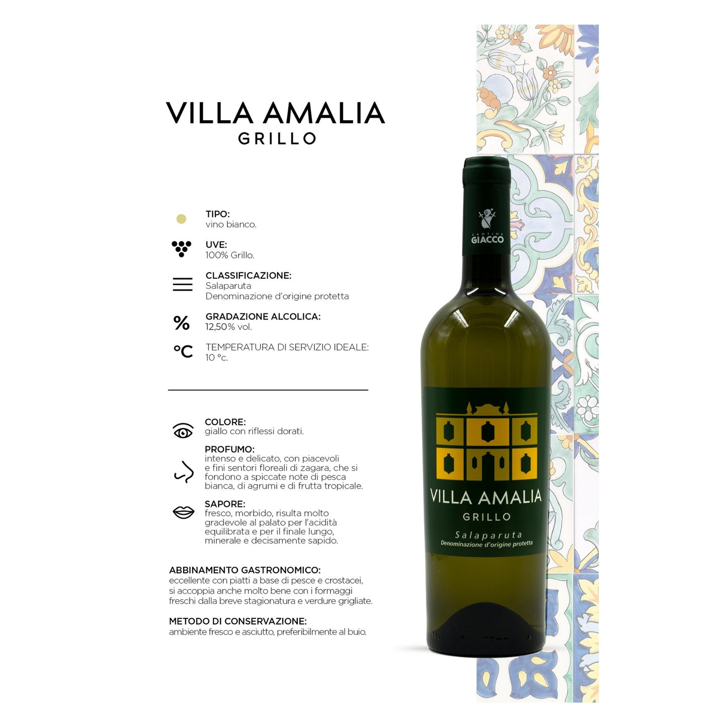 Villa Amalia Salaparuta Grillo - Vino bianco DOP - Grillo - Cantina Giacco - Maravigghia for Sicily